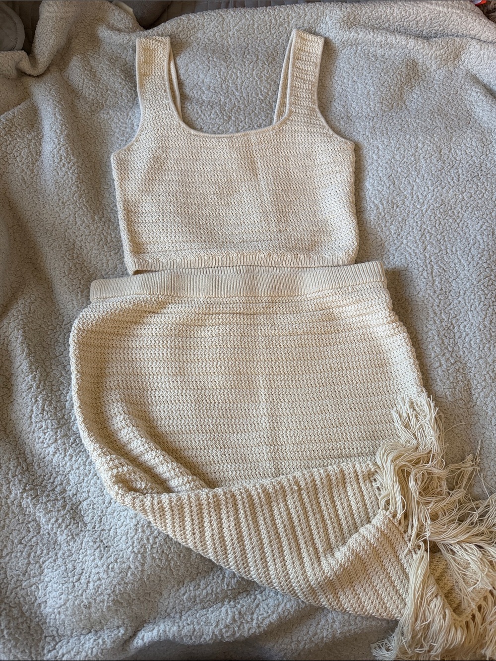 H&M Cream Crochet Fringe Maxi Skirt Set